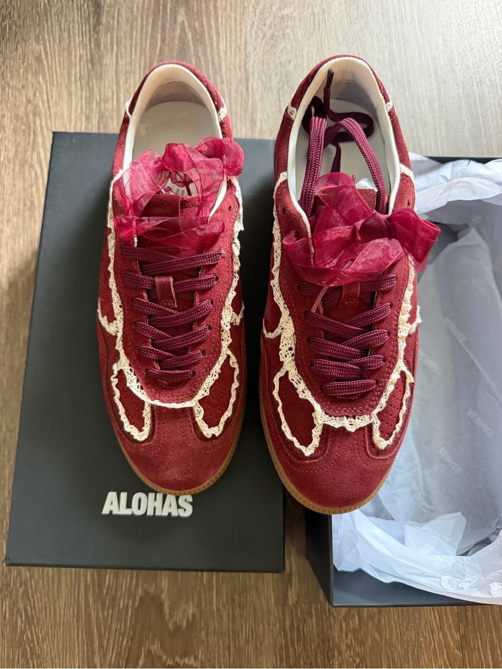 ALOHAS Women's Burgundy Suede Sneakers with Cream Lace Trim